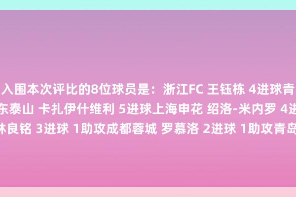 入围本次评比的8位球员是：浙江FC 王钰栋 4进球青岛海牛 席尔瓦 3进球山东泰山 卡扎伊什维利 5进球上海申花 绍洛-米内罗 4进球 3助攻北京国安 林良铭 3进球 1助攻成都蓉城 罗慕洛 2进球 1助攻青岛西海岸 阿皆兹 2进球 1助攻云南玉昆 徐宏杰 1进球 1助攻    体育录像/图片