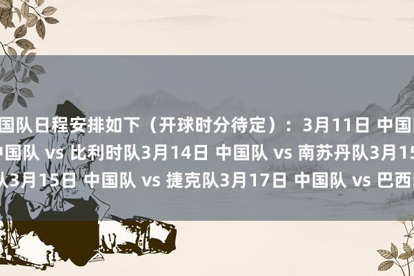 中国队日程安排如下（开球时分待定）：3月11日 中国队 vs 马里队3月12日 中国队 vs 比利时队3月14日 中国队 vs 南苏丹队3月15日 中国队 vs 捷克队3月17日 中国队 vs 巴西队    体育录像/图片
